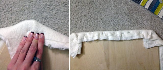 Wrap around the corners first, making as many folds as you need to make a tidy corner