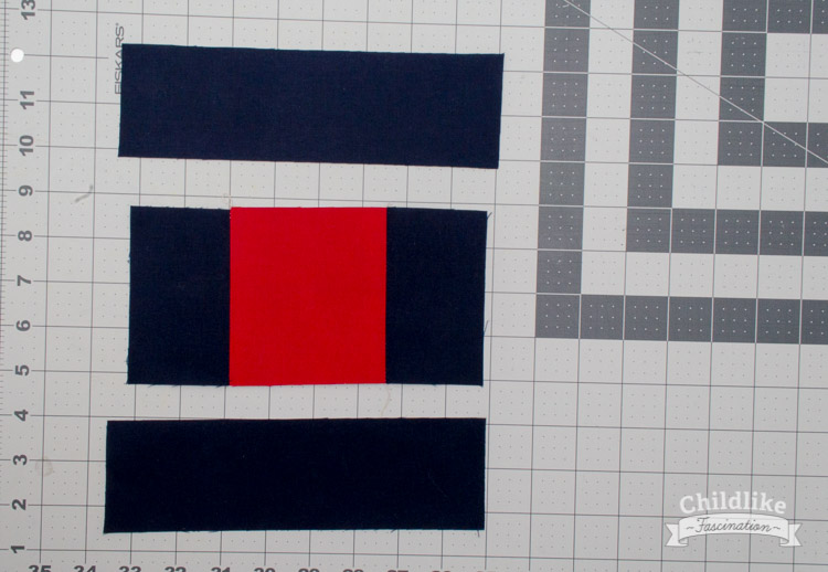 Sew 2.5" x 8" strips to center unit