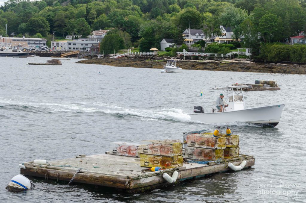 Lobster traps on a floating dock with a boat passing behind in Boothbay Harbor Maine