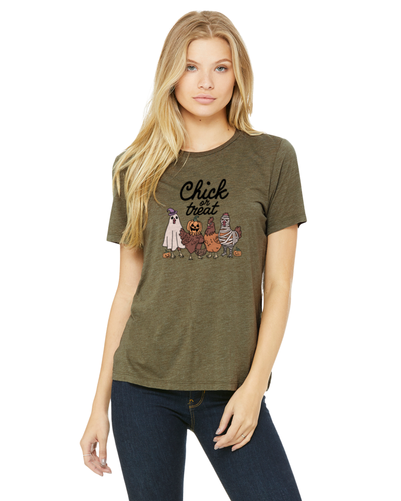 Picture of a blond woman wearing an olive t-shirt the a click or treat design on it